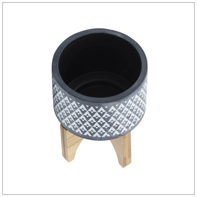 CERAMIC AZTEC PLANTER ON WOODEN STAND, GRAY