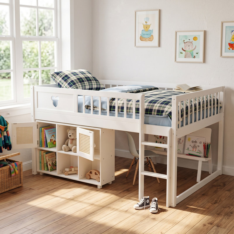 Lit mezzanine bas pour enfant (taille standard), cadre en bois avec étagère de rangement et armoire à portes en rotin, décoration ours mignon, design discret, meuble de chambre gain de place - blanc