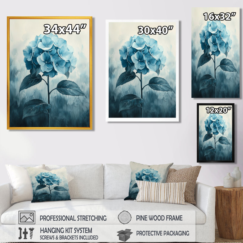 Bleu sarcelle hortensia dans un champ monochrome - hortensia art mural, 40" H x 30" W, Impression encadrée flottante, Gold
