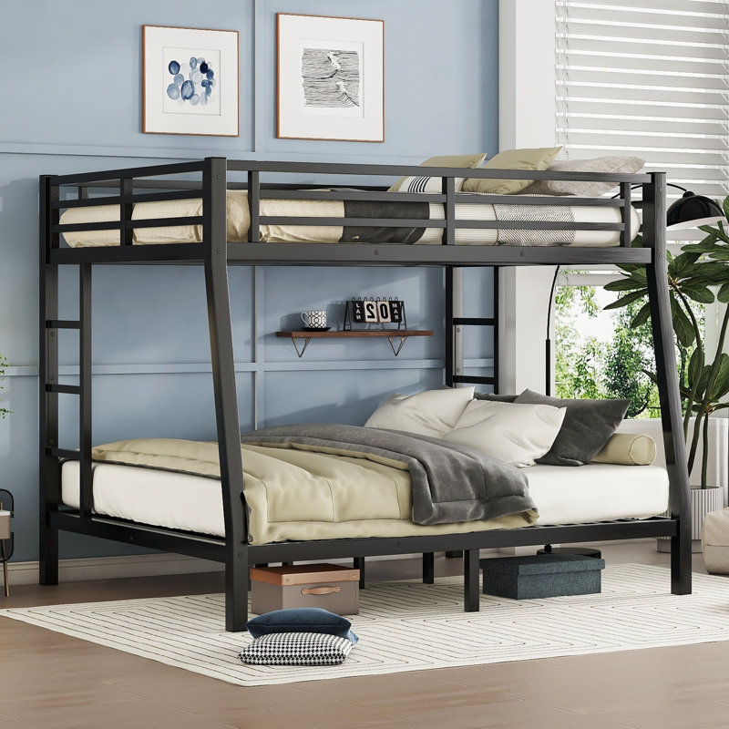 Metal Full XL Over Queen Bunk Bed for Teens & Adults, Space-Saving Design, No Box Spring Needed, Black Frame