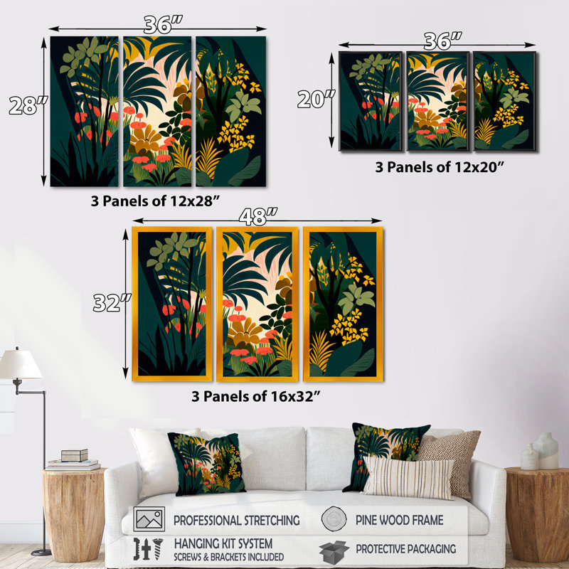 «Blossoming And Vibrant Jungle Flora I», reproduction de 3 pièces, Toile encadrée noire, H 28 po x l 36 po x P 1 po