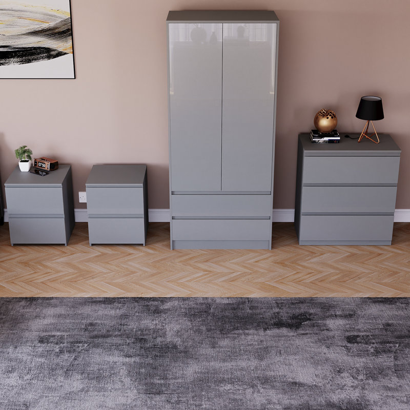 Taniesha 4 Piece Bedroom Set (2 Drawer Bedside Chest X2, 3 Drawer Chest, 2 Door 2 Drawer Wardrobe), (100% FSC), Grey