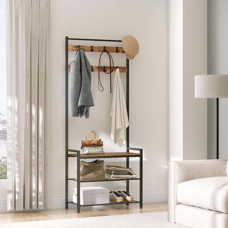 Coat Rack With Shoe Bench, Entryway Bench With Shoe Storage, Multifunctional Entryway Storage Organizer, Metal Frame And 8 Movable Hooks, For Hallway, Rustic Brown