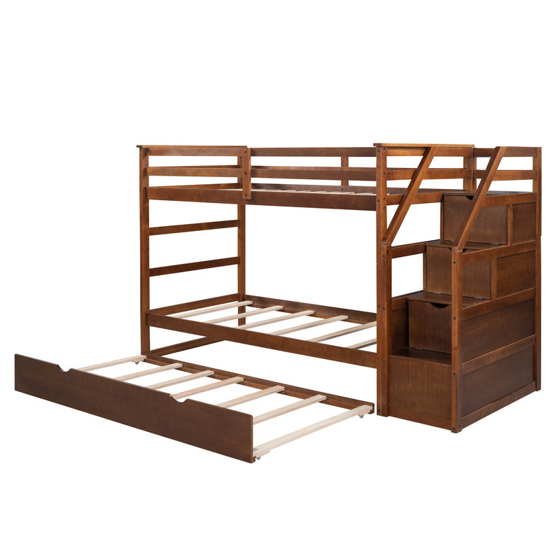 Twin Over Twin Bunk Bed with Trundle and 3 Storage Stairs, Storage Bunk Bed, Kids Bed, Walnut, Walnut