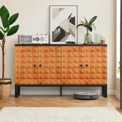 Modern Buffet Cabinet With Storage Space,Retro Style Four Door Wooden Storage Cabinet,Multifunctional Decorative Cabinet With Geometric Patterns,Suitable For Living Room,Dining Room,Entrance,Hallway