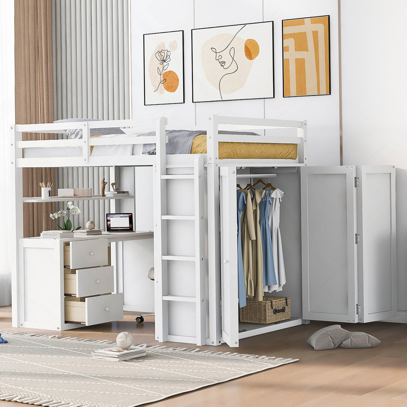 Lit mezzanine avec tiroirs, bureau et garde-robe, White