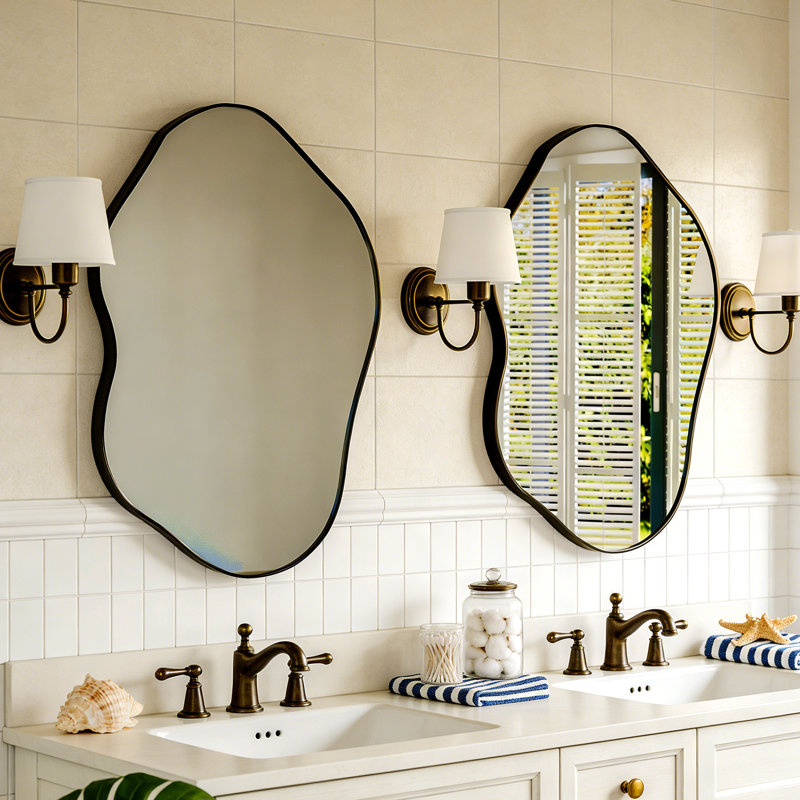 Cloud Shaped Wall Mirror, 32"x20" Black Metal Frame Decorative Mirror For Bathroom, Living Room, Bedroom, Entryway – Modern Asymmetrical Vanity Mirror With Tempered Glass