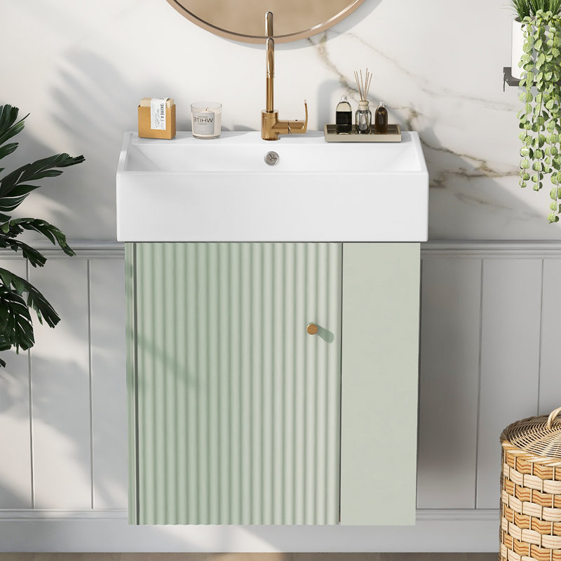 Meuble-lavabo flottant avec lavabo en céramique, Noir, Doré