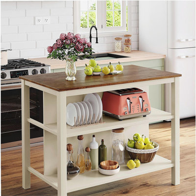 Îlot de cuisine fixe de 45 pouces en bois massif de style champêtre, îlot de préparation pour table à manger en bois d'hévéa avec 2 tablettes ouvertes, en noyer et blanc crème