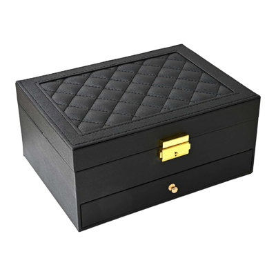 Large Pu Leather Jewelry Box, 2 Layer Organizer For Earrings, Rings, Bracelets, Watches, Black