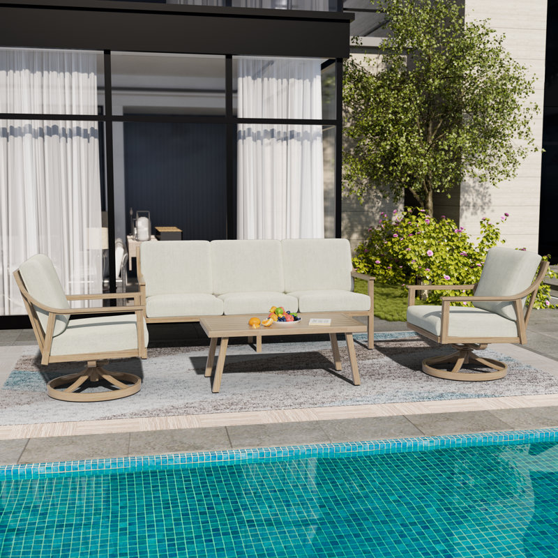Canapé d'extérieur en aluminium avec coussins Vishali, Beige / bois naturel