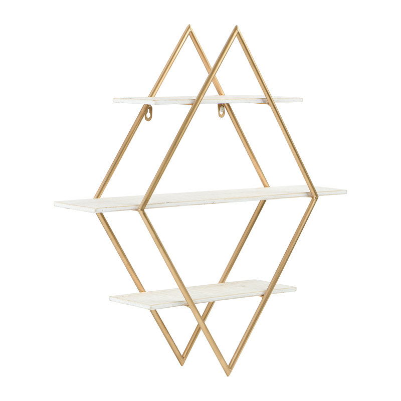 Wood and Gold Diamond Wall Shelf, White/Gold