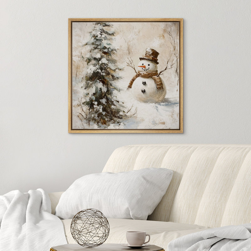 Impression sur toile, bonhomme de neige avec arbre de Noël en hiver, H 16 po x l 16 po, Cadre naturel flottant
