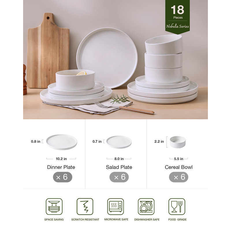 18-Piece Dinnerware Sets, Stoneware Dish Set (Set of 6), White