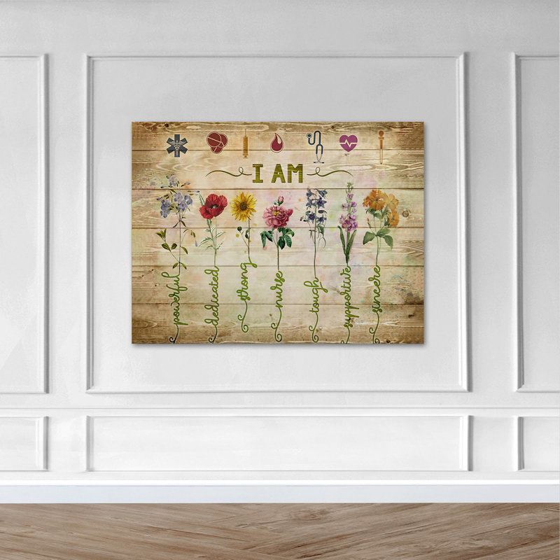 Bouquet de fleurs et de signes liés à la santé ci-dessus - peinture sur toile tendue, H 24 po x l 36 po x P 2 po