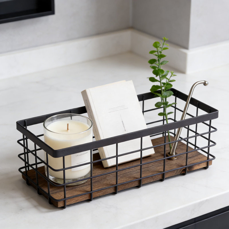 Panier de rangement en fil métallique avec base en bois amovible, bac de rangement polyvalent pour la cuisine, la salle de bain, le garde-manger, le garage et la salle de lavage