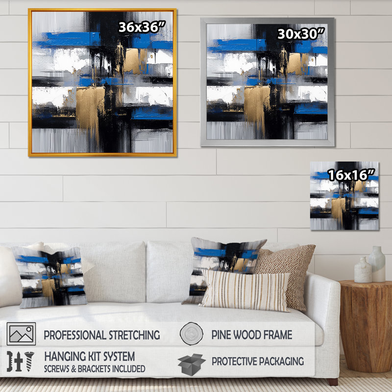 «Blue Paint Elegance I», art mural abstrait, Cadre flottant doré, H 30 po x l 30 po x P 1,5 po