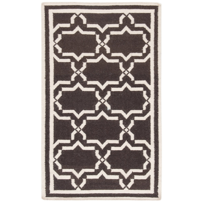 Rodgers Hand Woven Flat Weave Wool/Cotton Geometric Rug in Chocolate, Rectangle 3' x 5'