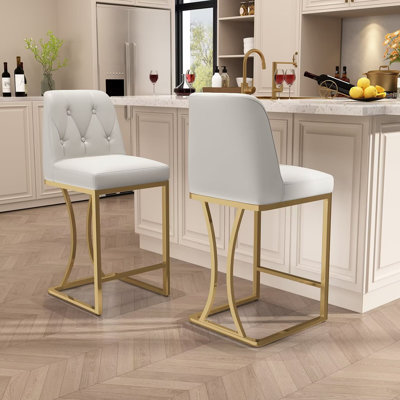 White and Gold Bar Stools Set of 2, 24 inch Counter Height Bar Stools PU Leather Bar Chairs with Back for Kitchen Island