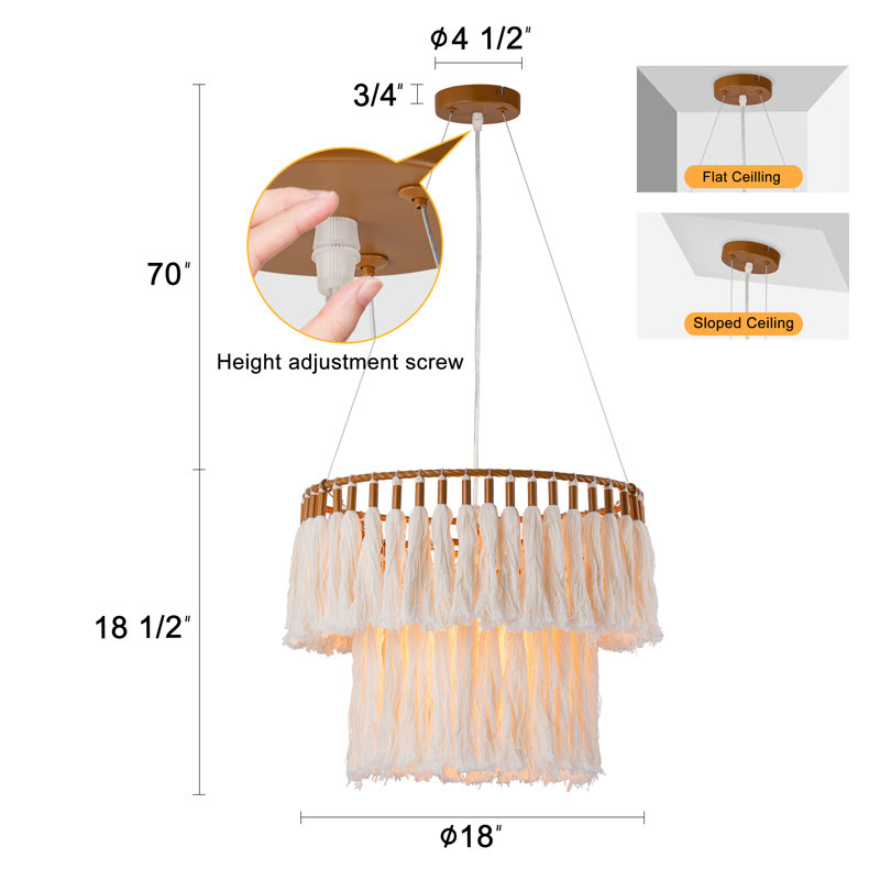 Plafonnier lustre à 1 lumière avec franges en coton ocre jaune
