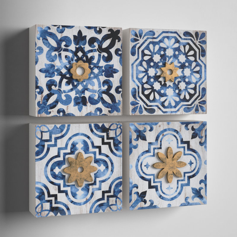 Décoration murale - blanc, bleu, or - ensemble de quatre