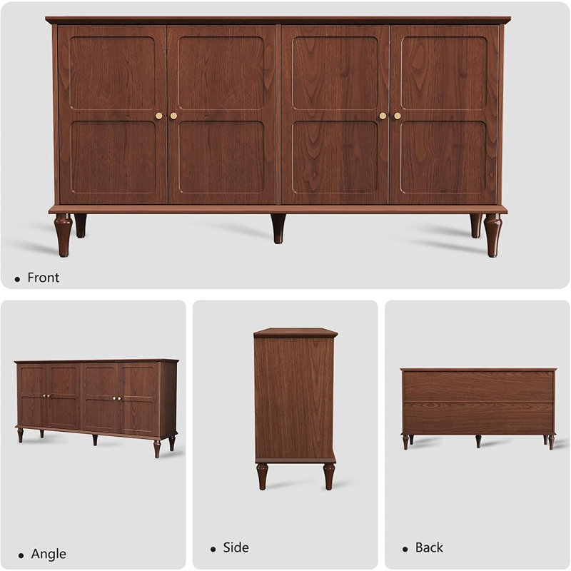 Buffet Mid-Century avec 4 portes et tablettes réglables, brun