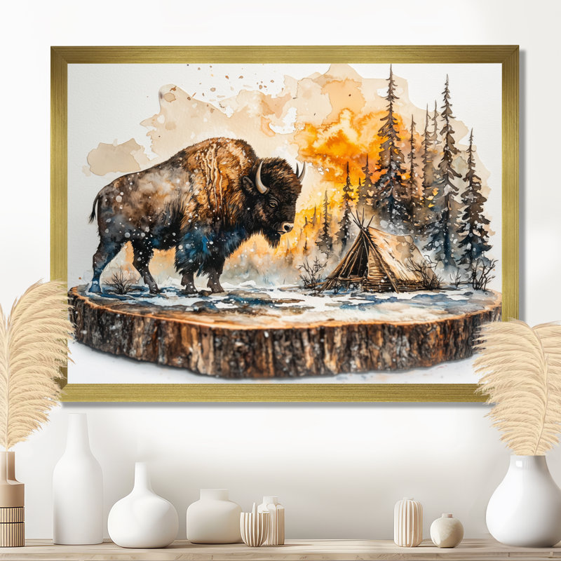 Bison in Winter Forest Landscape I - Bison, art mural, Cadre simple, H 12 po x l 20 po, Doré