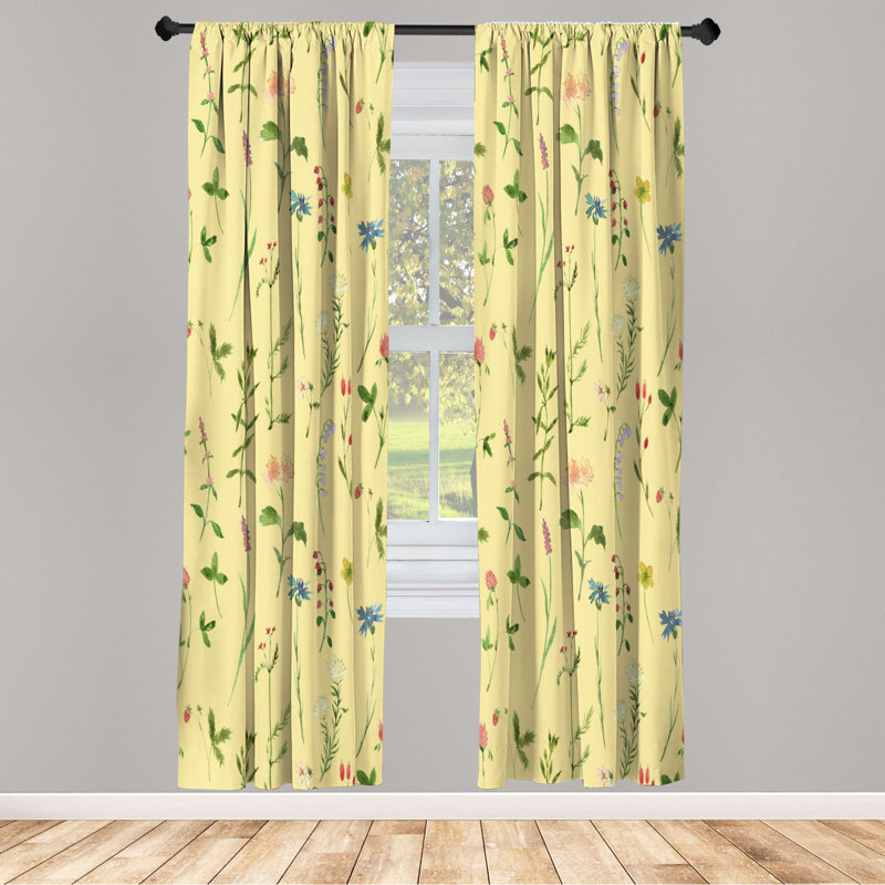 Microfiber Floral Semi-Sheer Rod Pocket Curtain Panels, 28" W x 84" L, Light Yellow/Green