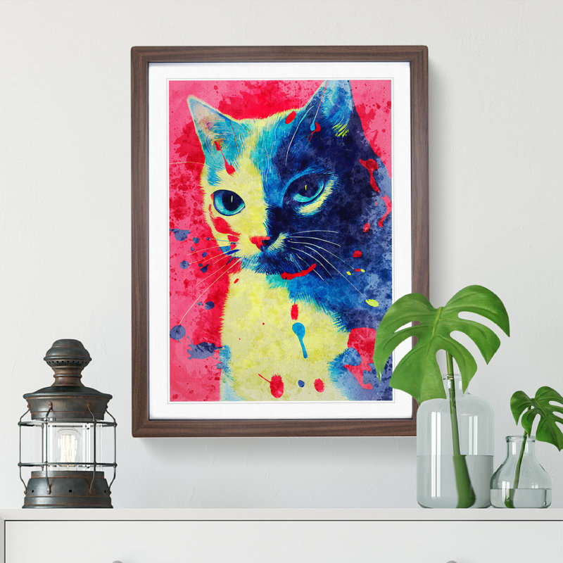 Catt Paint Splash No.3 - Wall Art, 48cm H x 36cm W, Walnut Framed, White