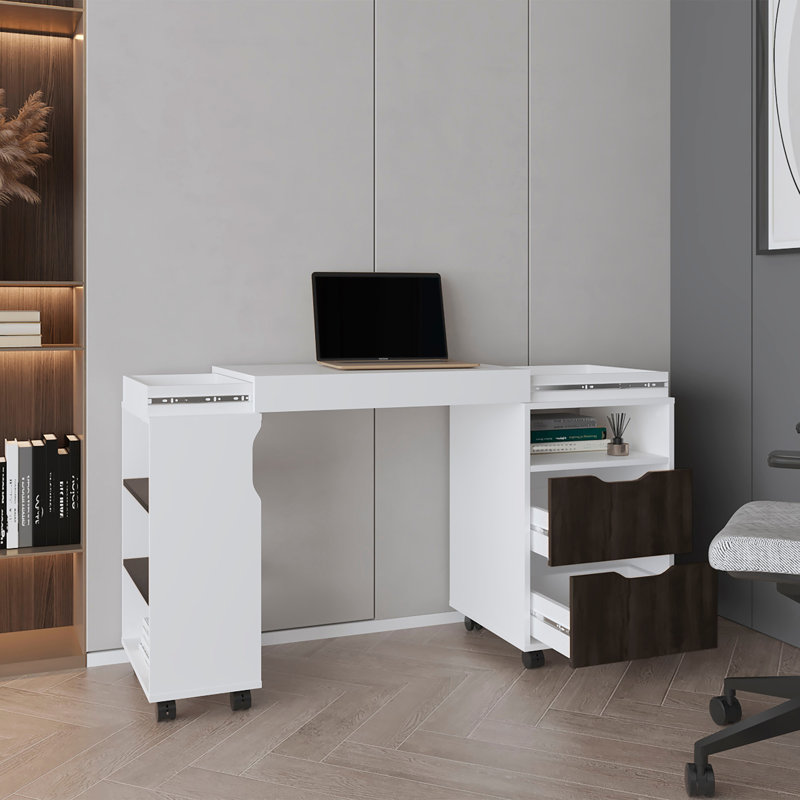 San Diego 54" Wide Two Drawer Expandable Desk  with Seven Shelves and Casters White - Dark Walnut
