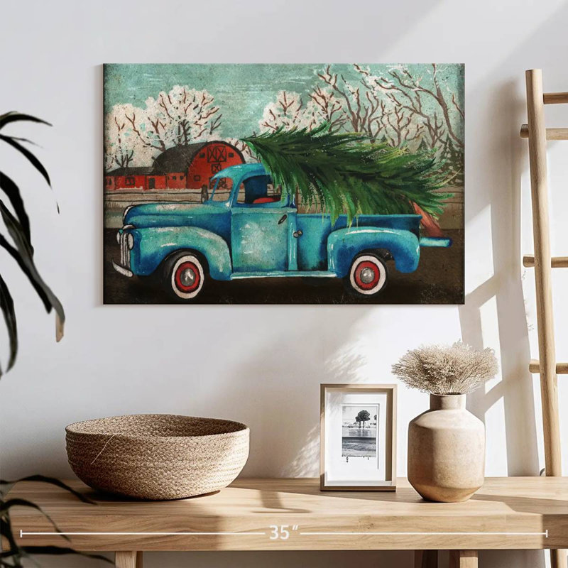 Camion bleu Mehar et arbre I, H 16 po x l 24 po