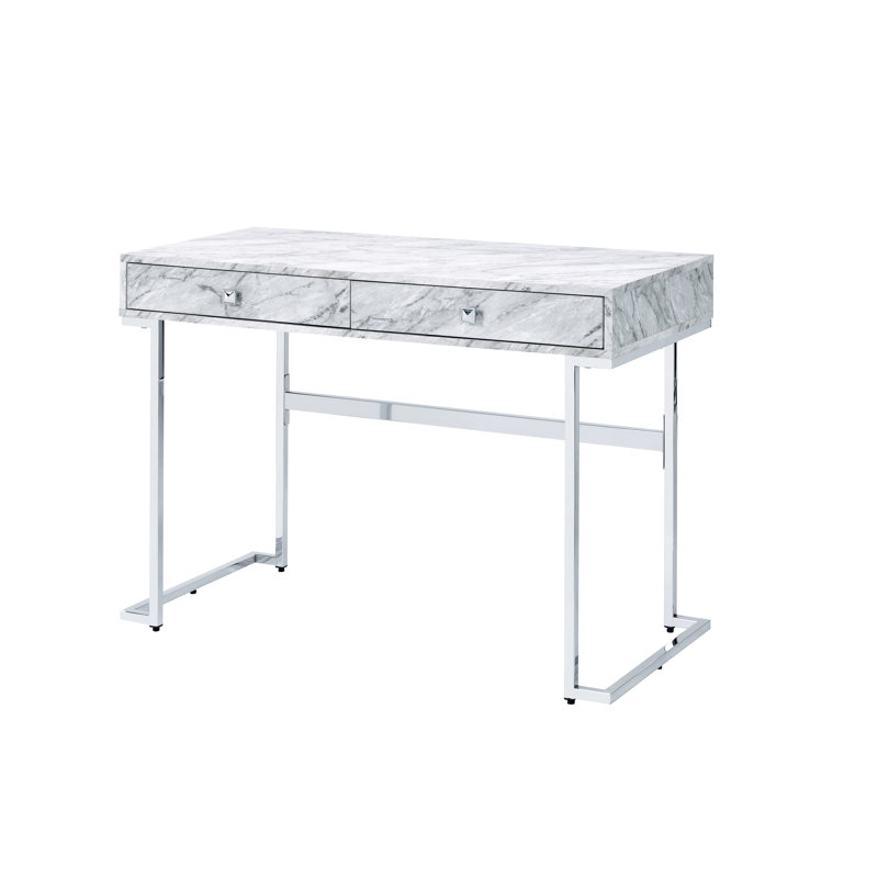 Bureau contemporain contemporain en faux marbre blanc avec poignées et tiroirs avec détails en marbre