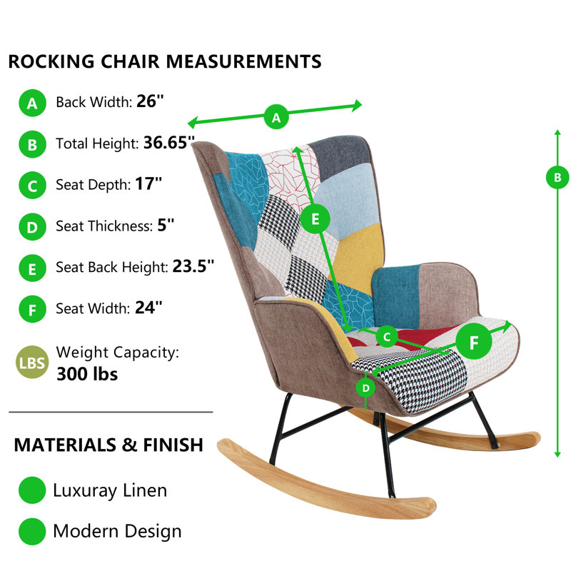 Chaise berçante en tissu, bois et lin, Multi-couleur