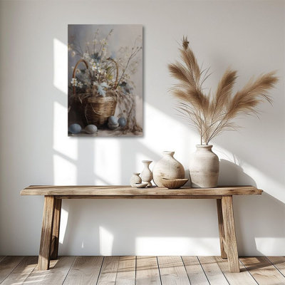 Spring Flower Basket with Blue Egg - Floral Wall Art Print on Gallery Wrapped Canvas, 36" H x 24" W, Ready to Hang for Dining Room