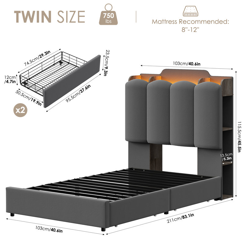 Structure de lit tapissier à DEL pour enfants avec tiroir de rangement, lit plateforme Princess avec tête de lit réglable, taille simple