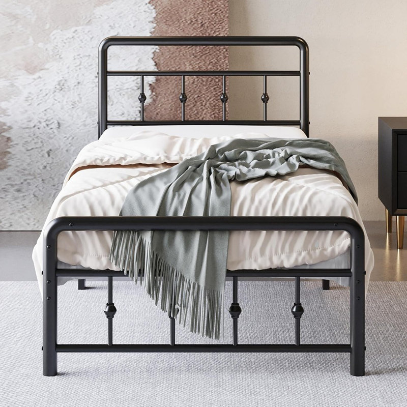 Structure de lit simple de 12 pouces avec tête et pied de lit de style victorien rétro, aucun sommier requis, sommier en métal robuste, silencieux, assemblage facile, noir