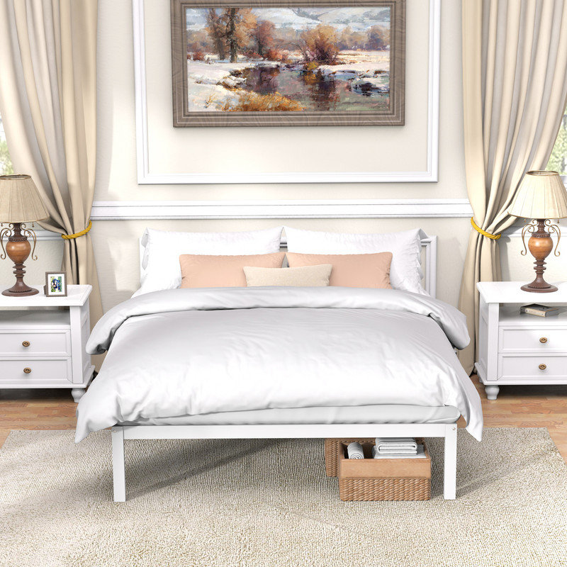Lit plateforme avec base en bambou et lattes, Grand lit, Blanc