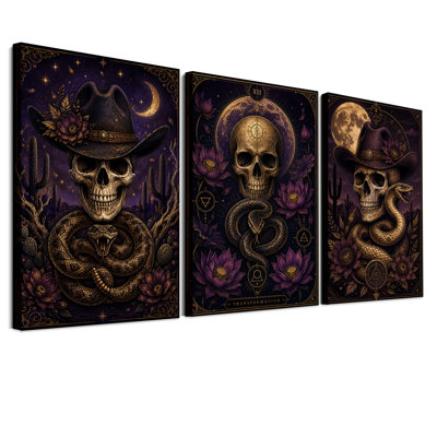 Ensemble de 3 toiles murales pour l'Halloween : crâne coiffé d'un chapeau de cowboy et enveloppé dans un serpent
