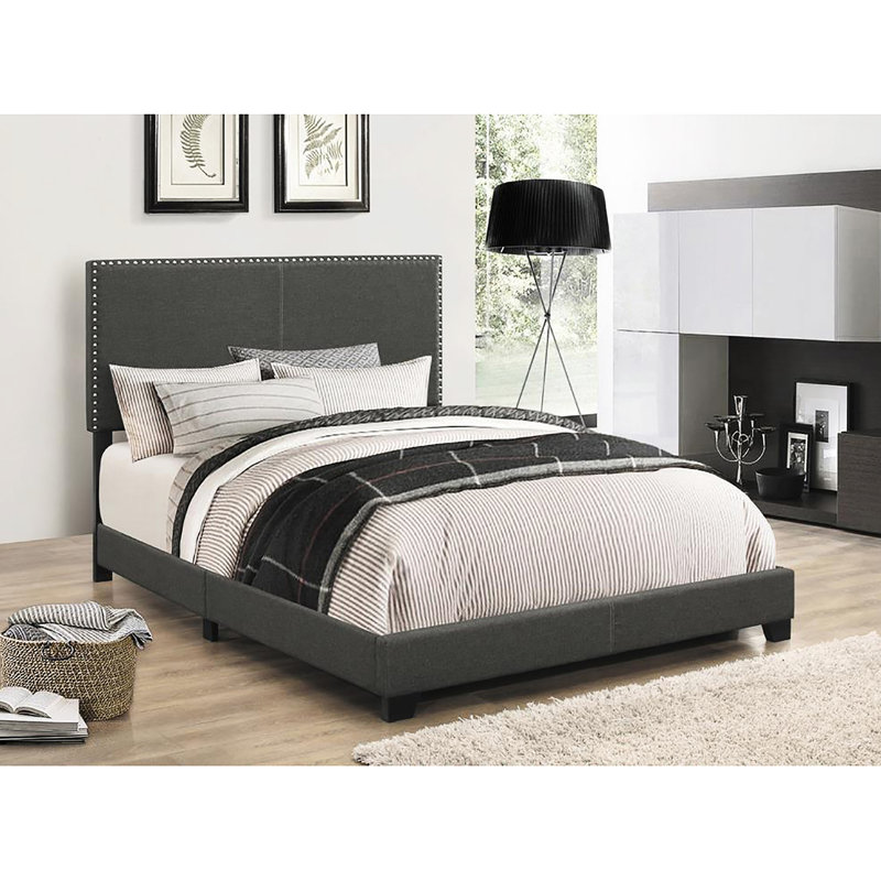 Lit double transitionnel avec tête de lit en bois massif et revêtement gris anthracite, Lit double, Gris anthracite