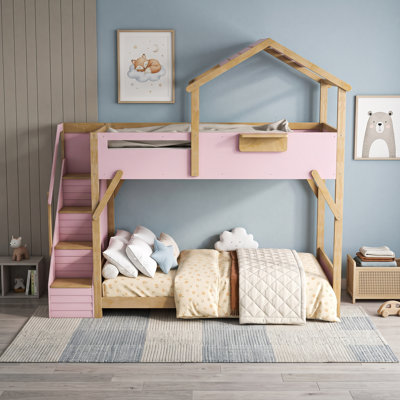 Lit superposé House avec escalier intégré et lumières DEL réglables à 3 couleurs avec tablettes