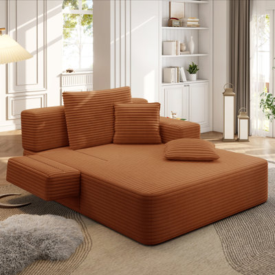 Chaise longue en velours côtelé luxueux avec 3 coussins, canapé-lit convertible avec poche de rangement, conception sans cadre et mousse à compression