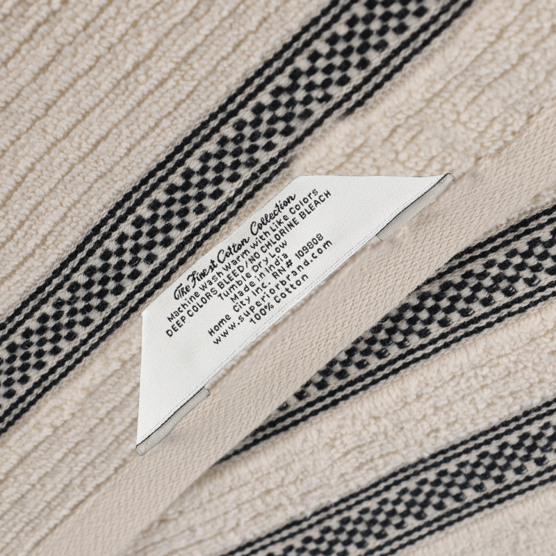 Tylique Zero Twist Cotton Ribbed Modern Geometric Border Soft Highly-Absorbent Hand Towel, Ivory