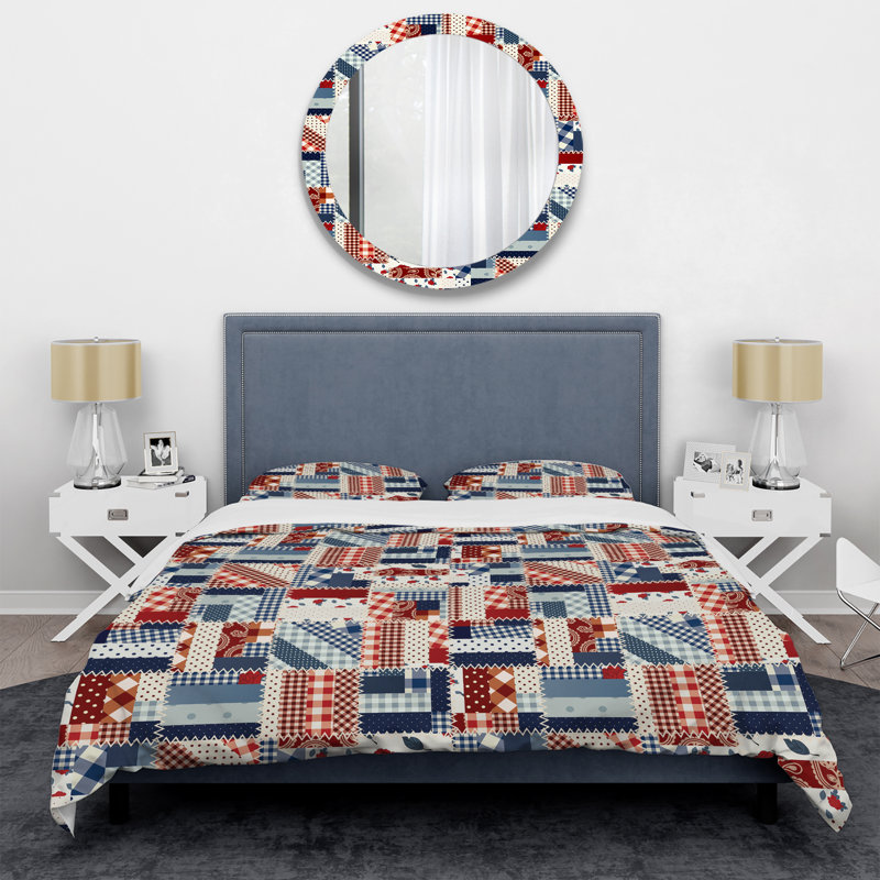 Patchwork bleu et brun - ensemble de housse de couette abstrait - microfibre de polyester