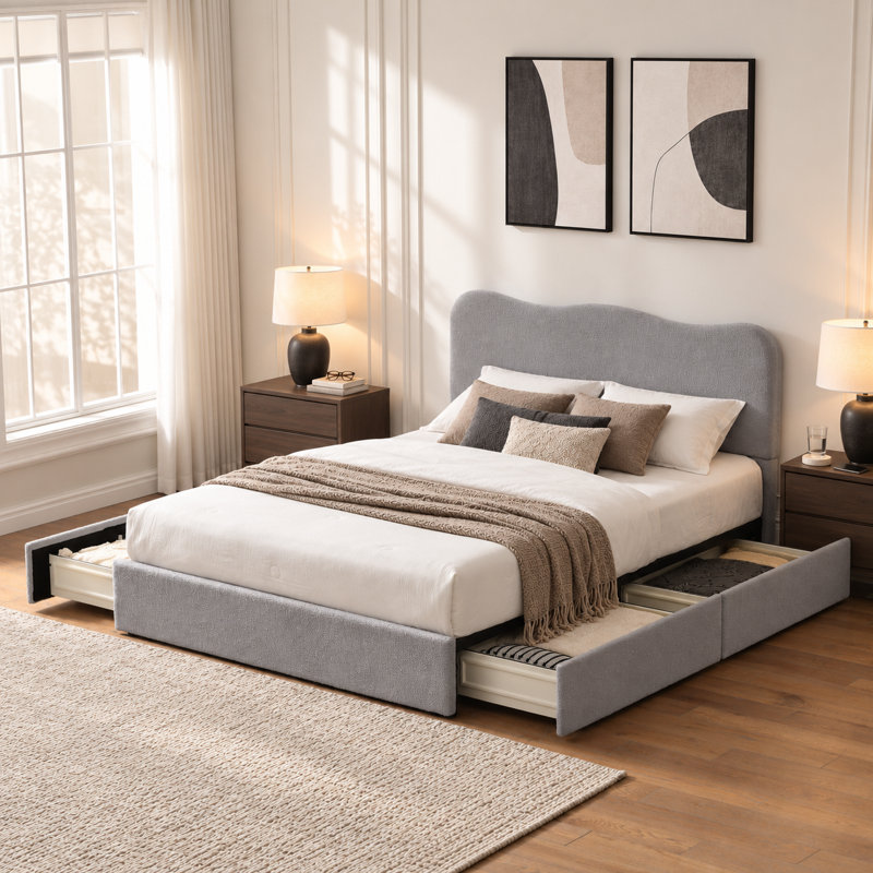 Lit plateforme avec rangement à 4 tiroirs Arusha Boucle, Grand, Light Grey