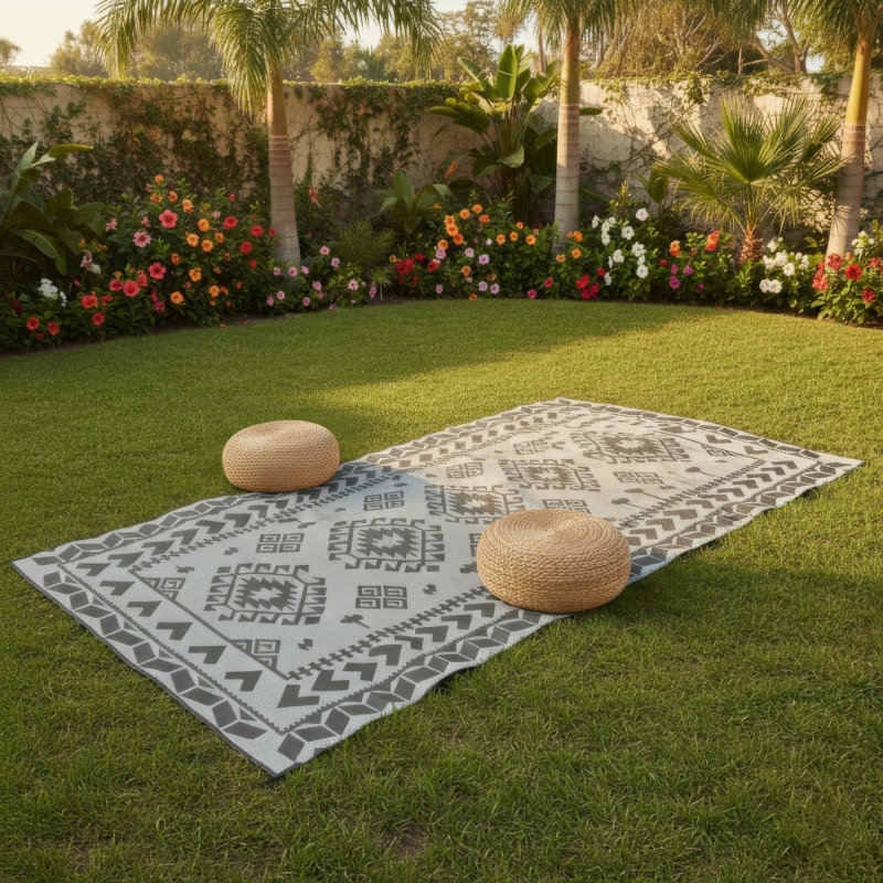 Tapis d'extérieur Pema, Gris / Blanc, Rectangle 9 pi x 18 pi