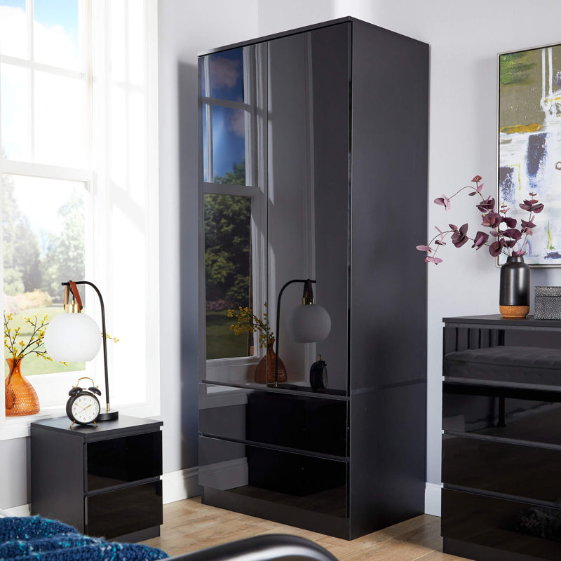 Rishin 2 Door 2 Drawer High Gloss Wardrobe Storage Unit, Black