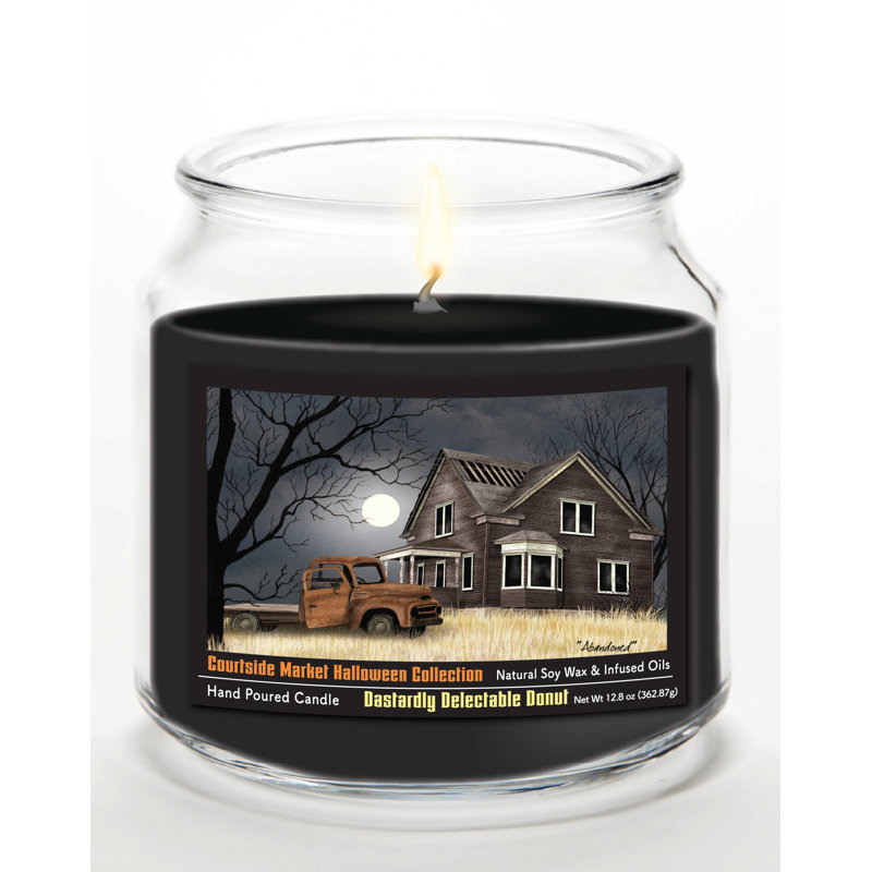 Bougie en pot de verre de 400 g (14 oz) avec couvercle en métal argenté brossé, collection Halloween Barn Moon Light
