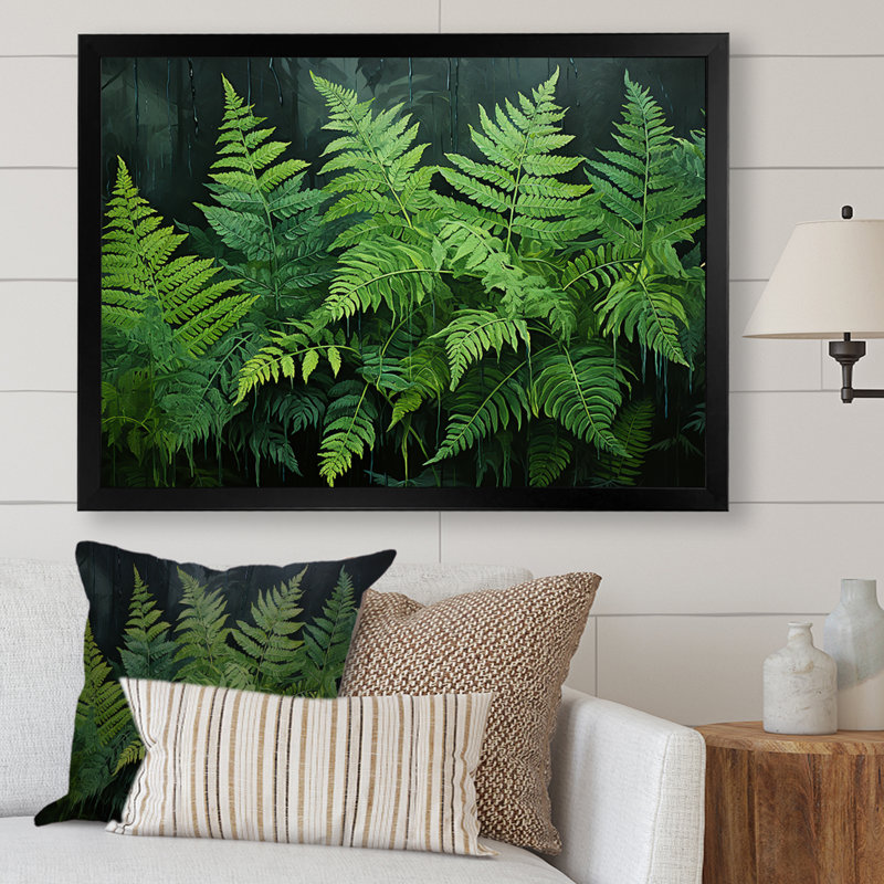 Fougères vertes émeraude I - décoration murale plantes, H 30 po x l 40 po x P 1,5 po, Cadre simple noir