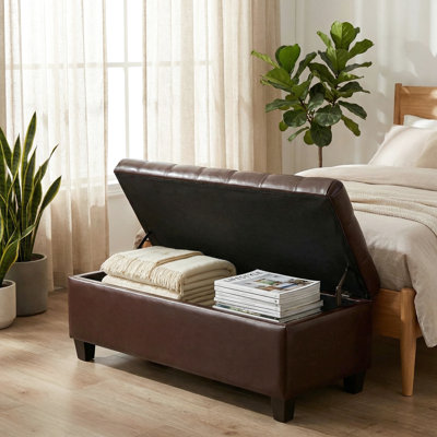 48,94 po brun pour bout de lit, multifonctionnel avec rangement essentiel, charnières de repose-pieds en bois massif, idéal pour le salon et le couloir, avec mousse haute densité