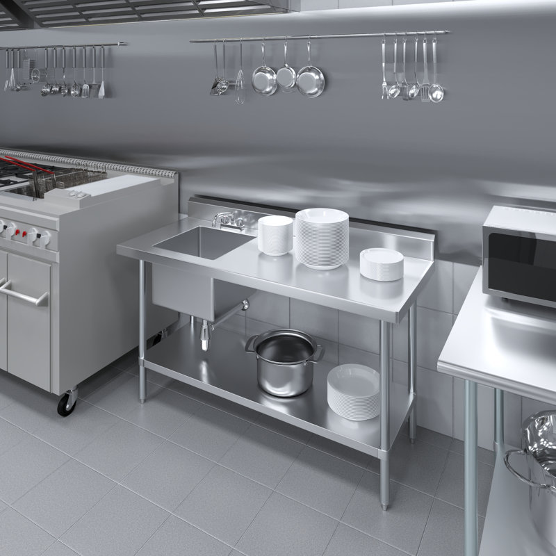  Table de travail en acier inoxydable de 60 po x 24 po avec évier et robinet de préparation à gauche intégrés